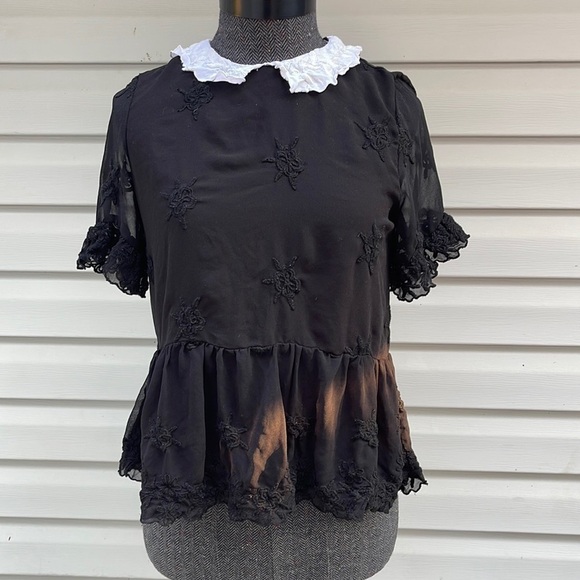 Zara Black Embroidered Short Sleeve Blouse Size Small - Picture 1 of 8
